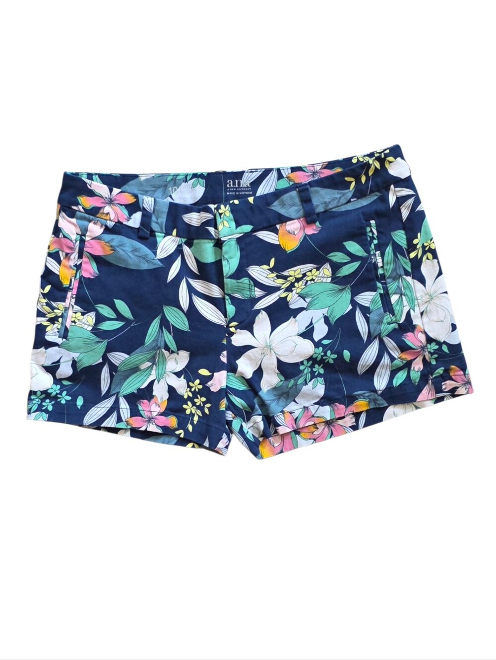 ​a.n.a Sz 10 Navy Blue Tropical Floral Design Flat Front Twill Chino Shorts